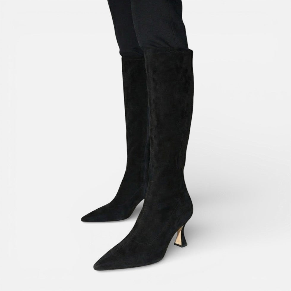 Damen Kniehohe Stiefel in Veloursoptik mit Absatz