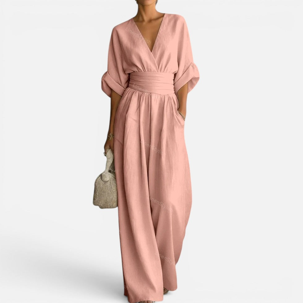 Jumpsuit Tailliert V Ausschnitt Weites Bein Dreiviertelarm