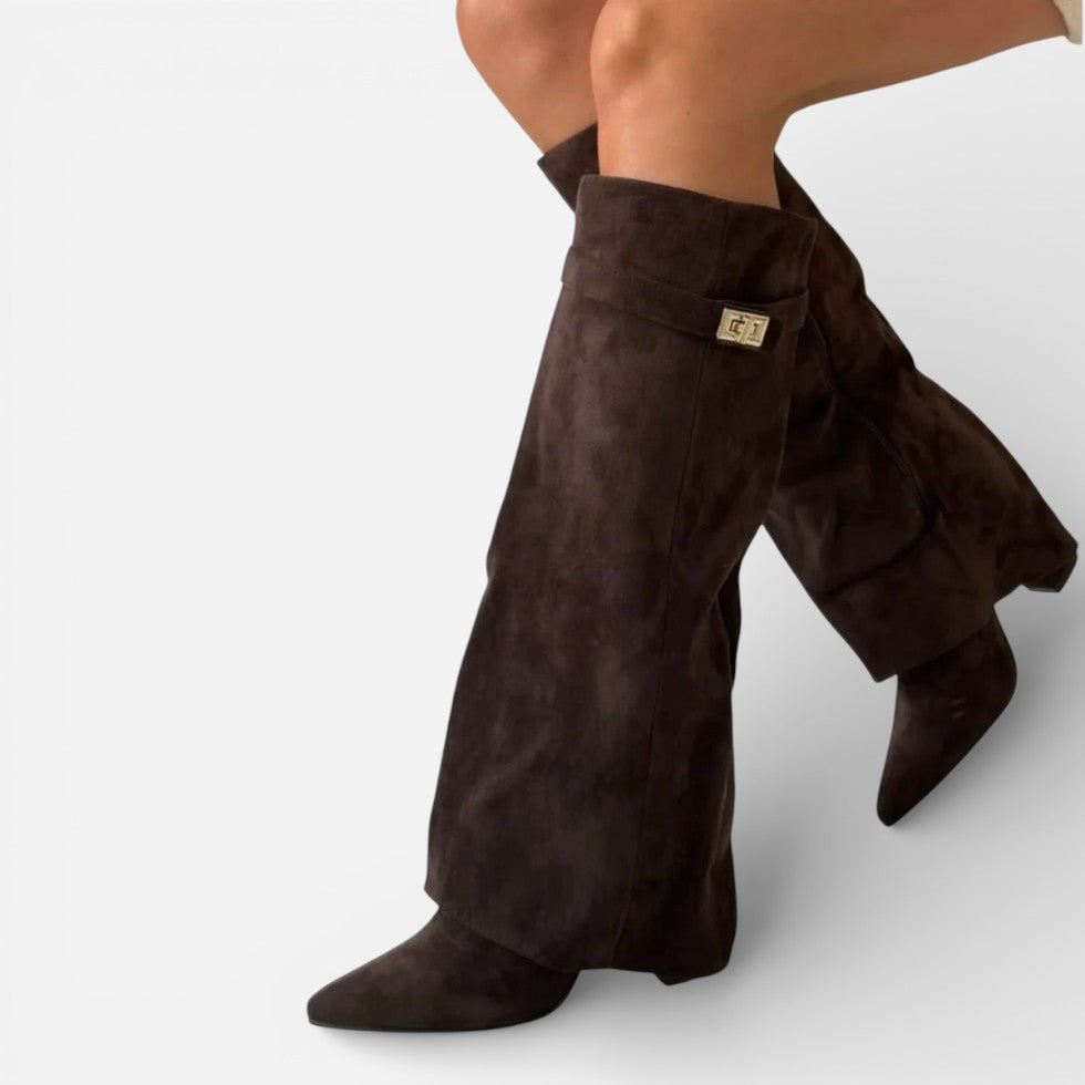 Damen kniehohe Stiefel mit Blockabsatz und Reißverschluss