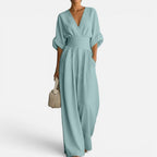 Jumpsuit Tailliert V Ausschnitt Weites Bein Dreiviertelarm