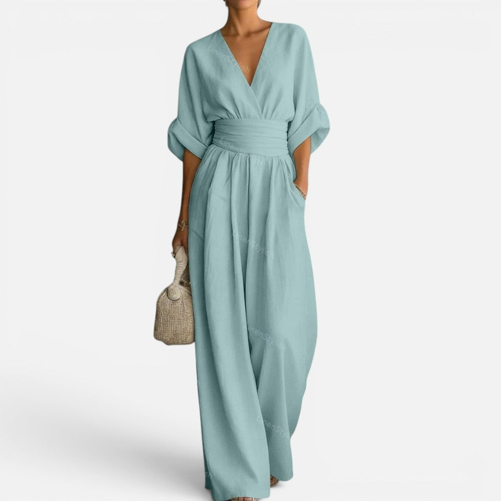 Jumpsuit Tailliert V Ausschnitt Weites Bein Dreiviertelarm