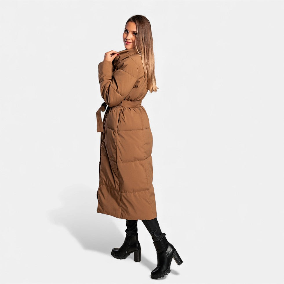 Damen Langer Steppmantel mit Gürtel Winterjacke