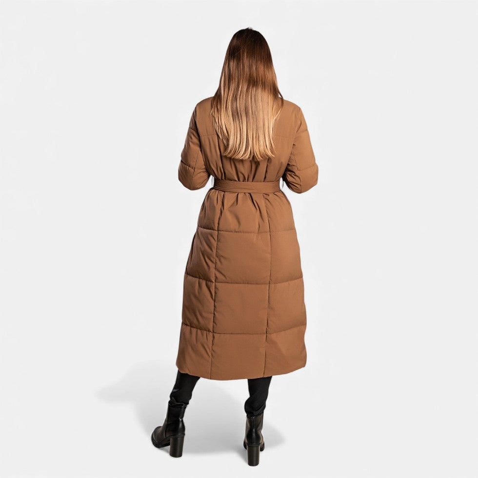 Damen Langer Steppmantel mit Gürtel Winterjacke