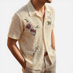 Herren Häkelshirt mit Stickerei und Knopfleiste