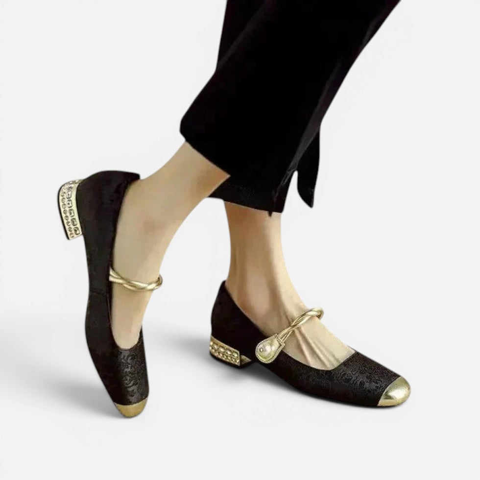 Orthopädische Mary Jane Schuhe Riemen Design Blockabsatz Jacquard Muster