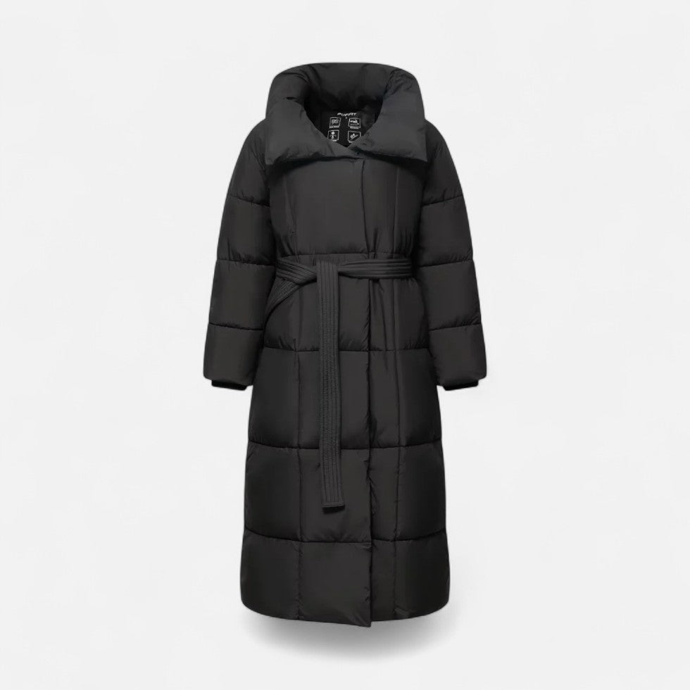 Damen Langer Steppmantel mit Gürtel Winterjacke