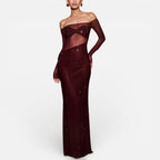 Lang gallakjole med off-shoulder-snit og transparent overdel