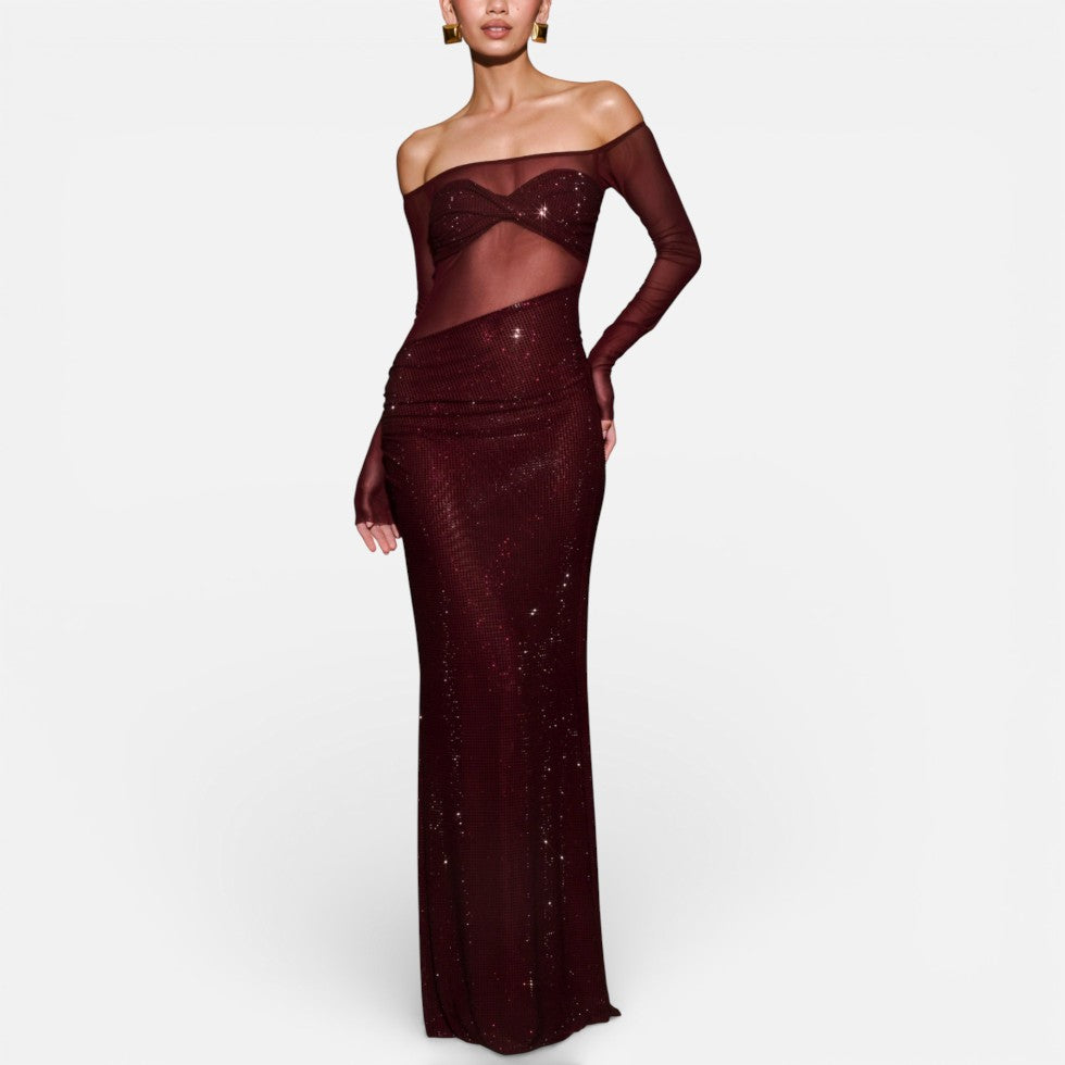 Lang gallakjole med off-shoulder-snit og transparent overdel