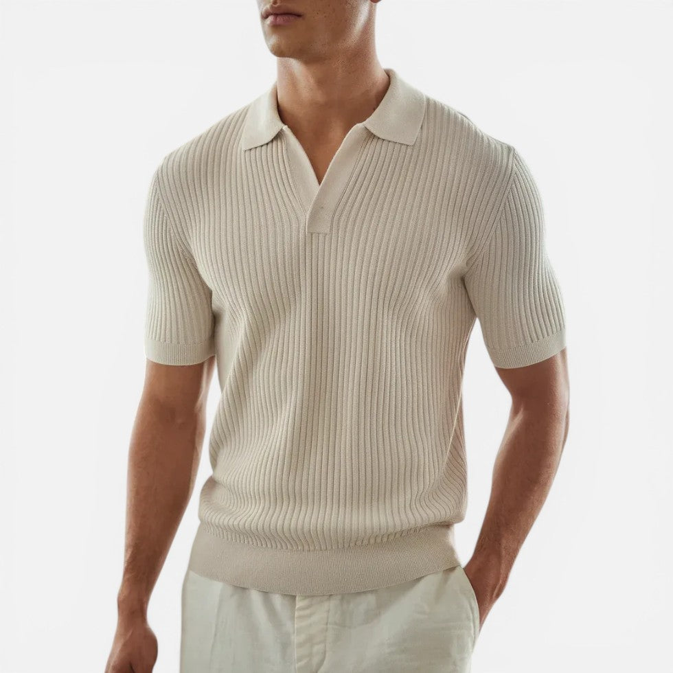 Herre strikket poloshirt med ribbet mønster