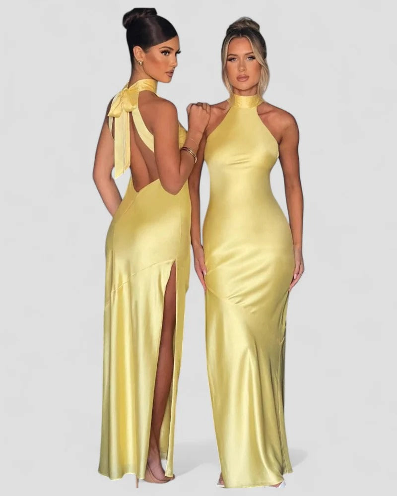 Satin-Ballkleid mit offenem Rücken und Wasserfallkragen