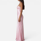 Maxikleid Perlenbesatz Halterneck Ärmellos Satinoptik