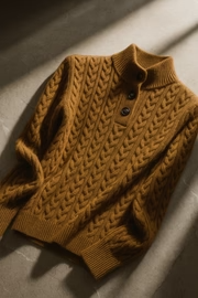 Kaschmir Strickpullover mit Zopfmuster und Knopfleiste