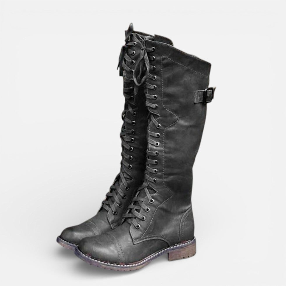 Women's lace-up boots with high shaft and buckle closure
