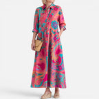 Maxikleid Hemdblusenkleid Langarm Blumenmuster Knopfleiste