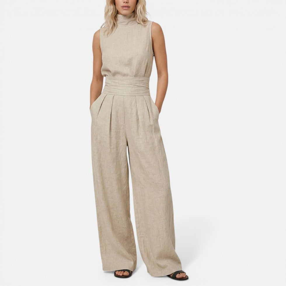 Ærmeløs jumpsuit med vide ben og høj krave