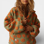 Damen Fleece Pullover mit Blumenmuster und Reissverschluss