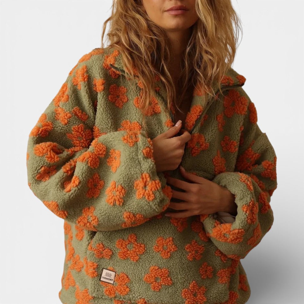 Damen Fleece Pullover mit Blumenmuster und Reissverschluss
