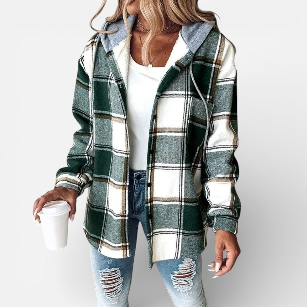 Damen Karojacke mit Kapuze und Knopfleiste