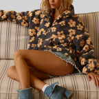 Damen Fleece Pullover mit Blumenmuster und Reissverschluss
