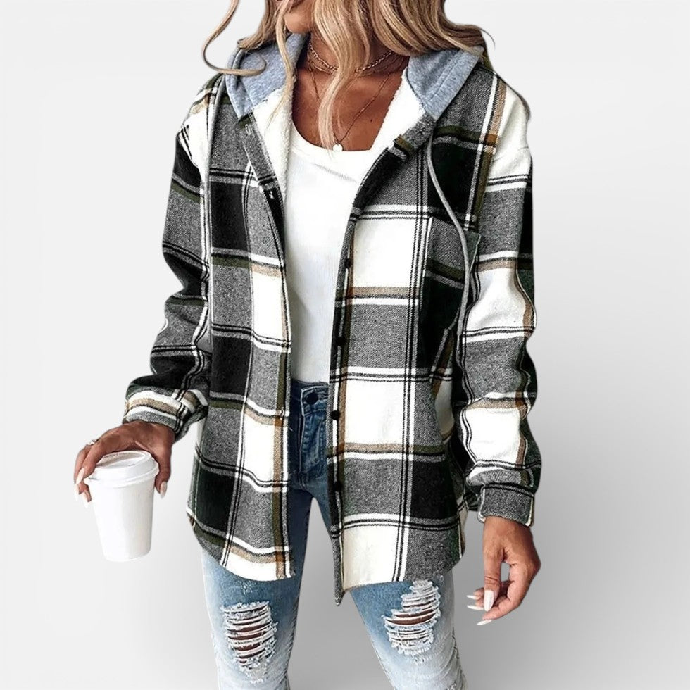 Damen Karojacke mit Kapuze und Knopfleiste