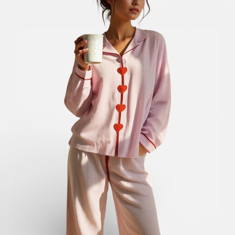 Women's pajama set with button placket and striped design