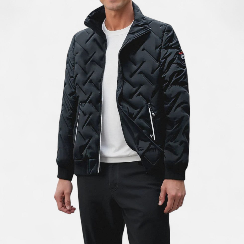 Puffer jacket with stand-up collar and zippered pockets