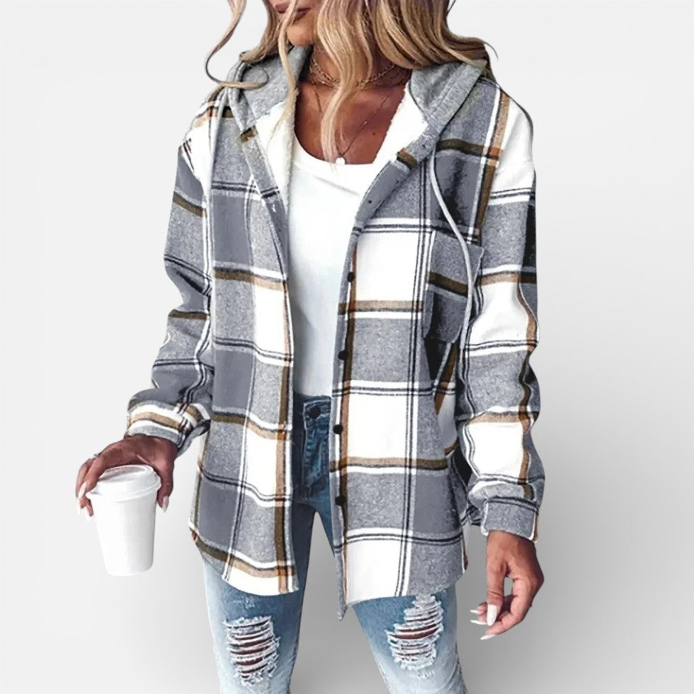 Damen Karojacke mit Kapuze und Knopfleiste
