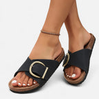 Flat sandals with large buckle for women