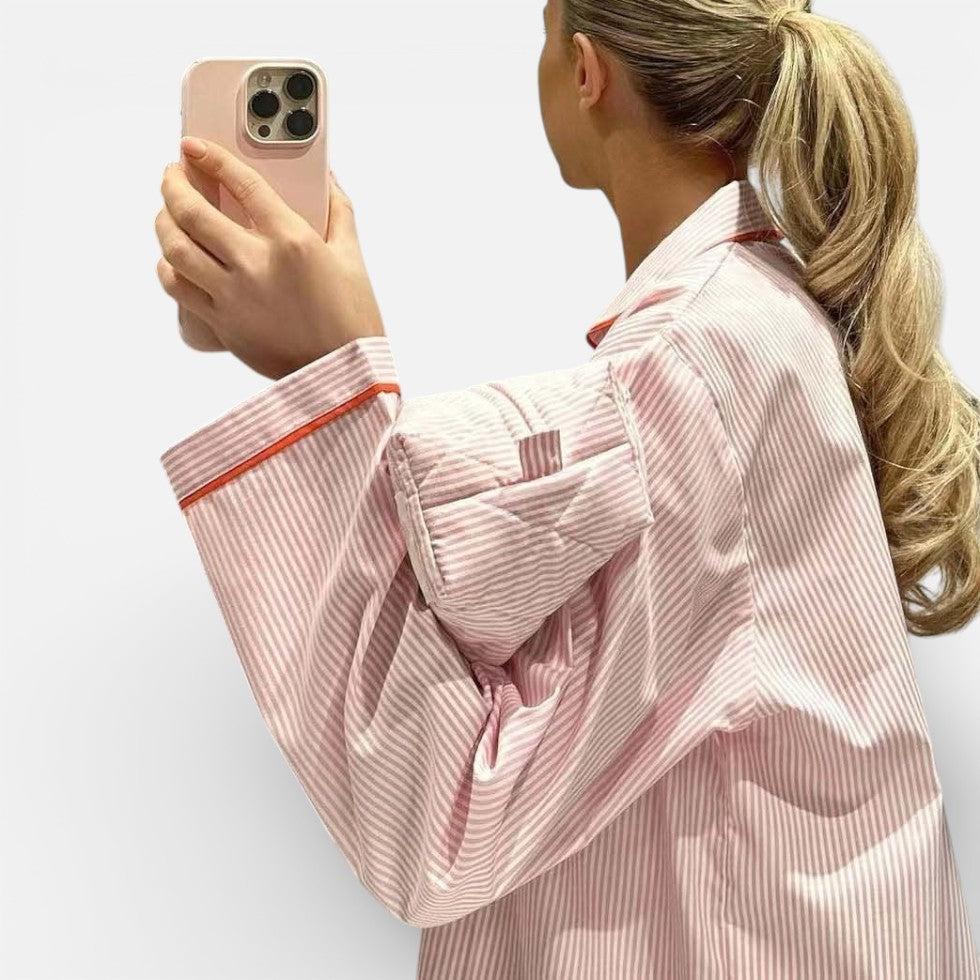 Women's pajama set with button placket and striped design