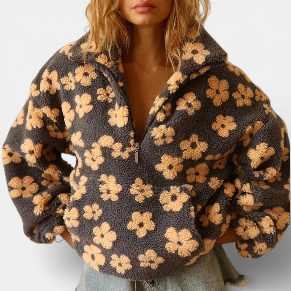 Damen Fleece Pullover mit Blumenmuster und Reissverschluss