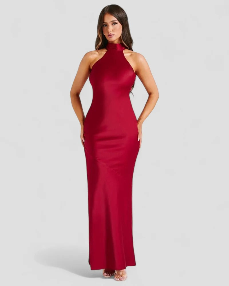 Satin-Ballkleid mit offenem Rücken und Wasserfallkragen