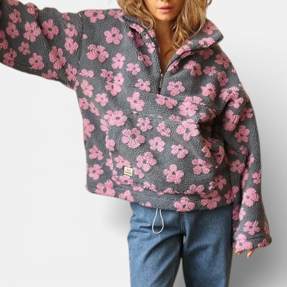 Damen Fleece Pullover mit Blumenmuster und Reissverschluss