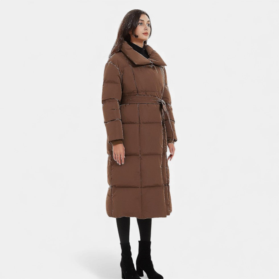 Damen Langer Steppmantel mit Gürtel Winterjacke
