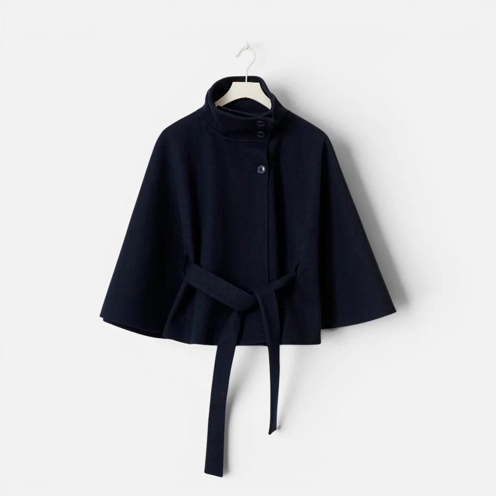 Cape Jacke mit Bindegürtel und Stehkragen