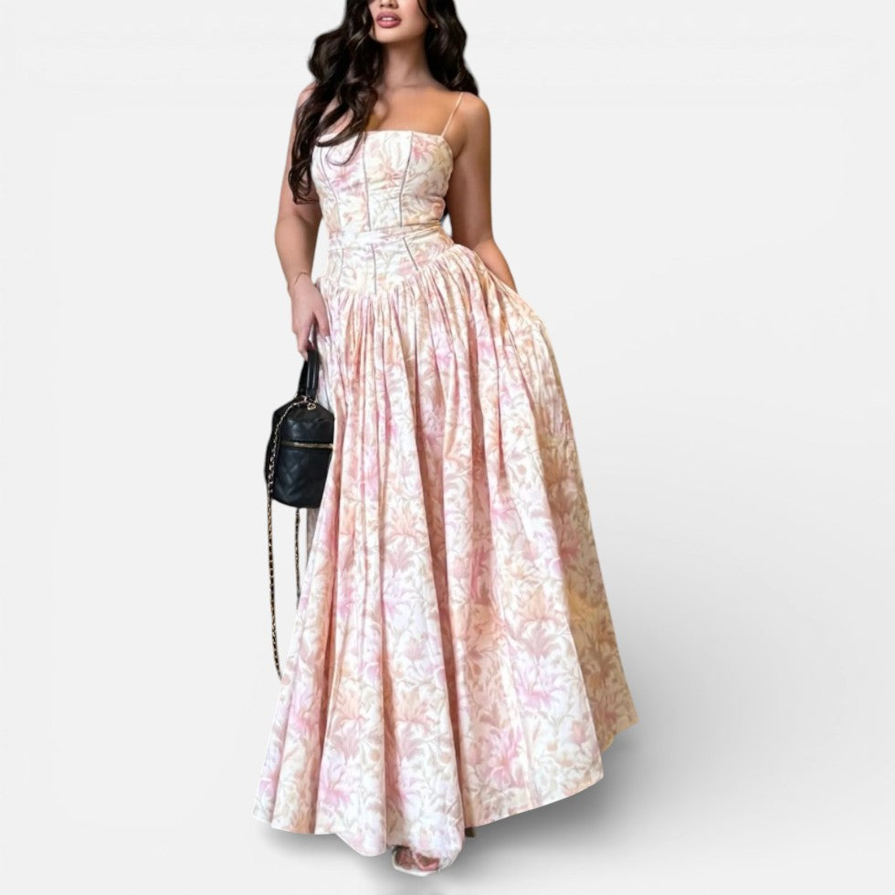 floral zip up corset cami dress Long floral print camisole dress with corset