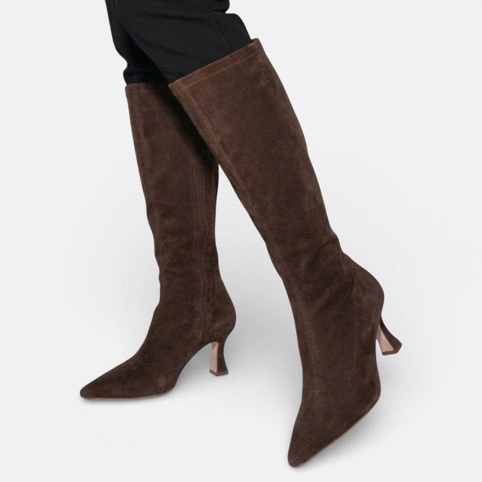 Damen Kniehohe Stiefel in Veloursoptik mit Absatz