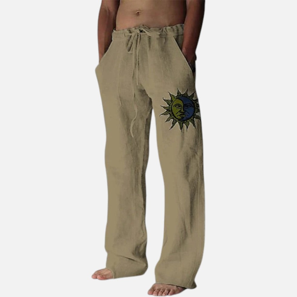 Linen pants with sun graphic and drawstring