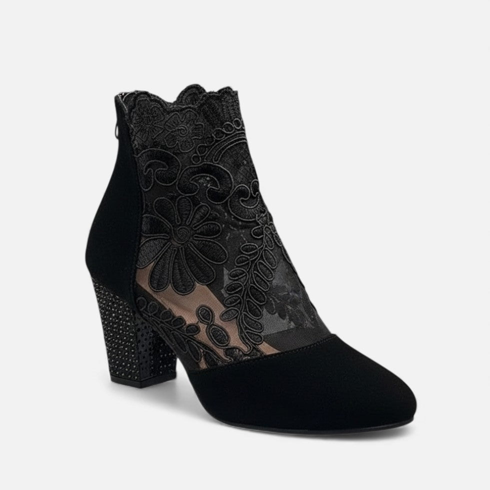 Damen Stiefeletten mit Spitzenbesatz und Blockabsatz