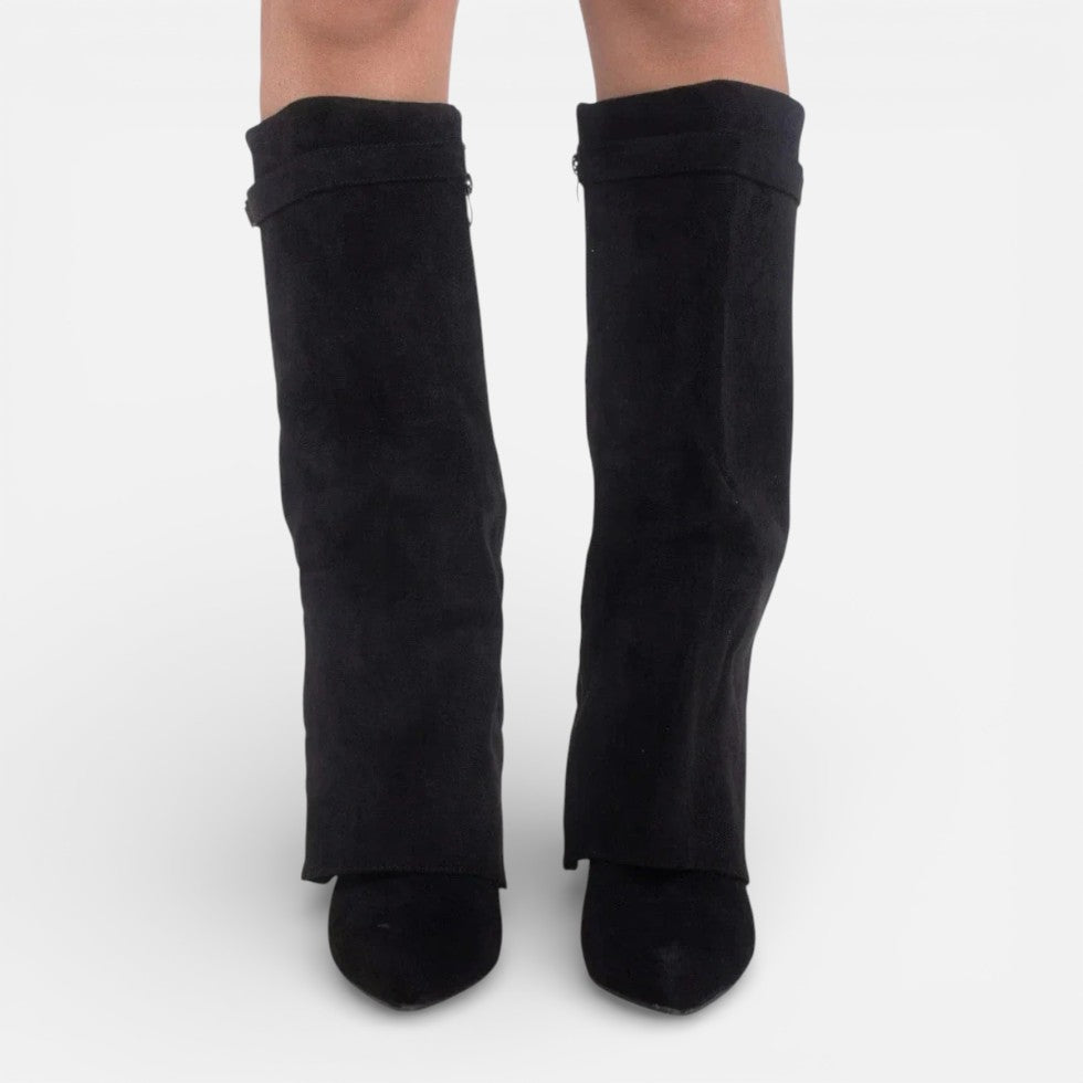 Damen kniehohe Stiefel mit Blockabsatz und Reißverschluss