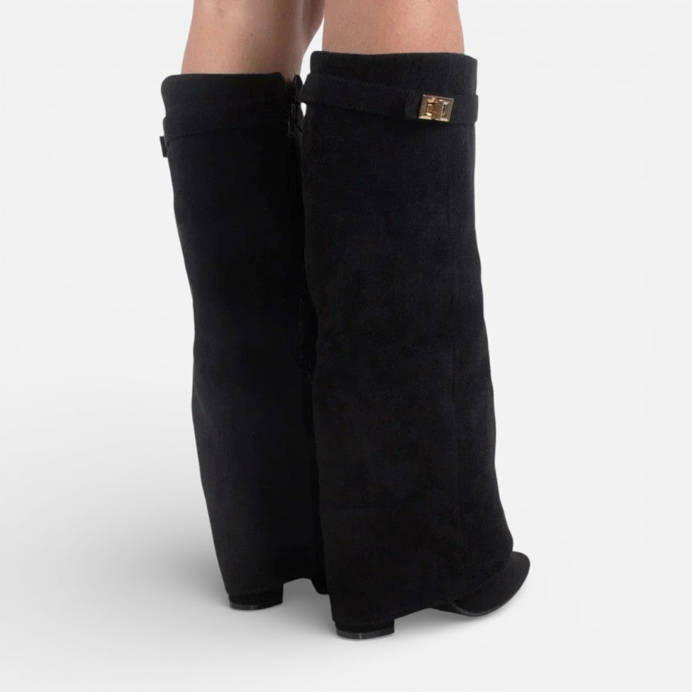 Damen kniehohe Stiefel mit Blockabsatz und Reißverschluss