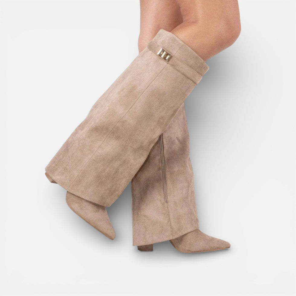 Damen kniehohe Stiefel mit Blockabsatz und Reißverschluss