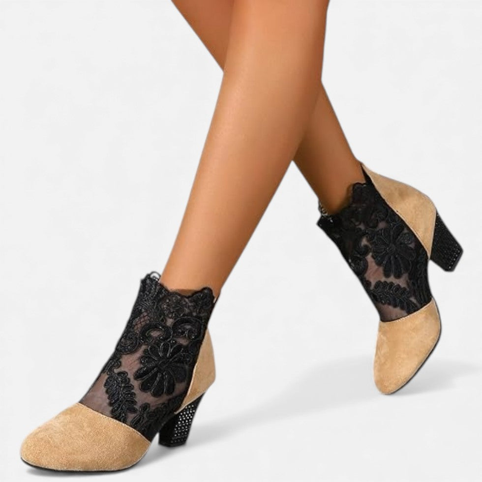 Damen Stiefeletten mit Spitzenbesatz und Blockabsatz
