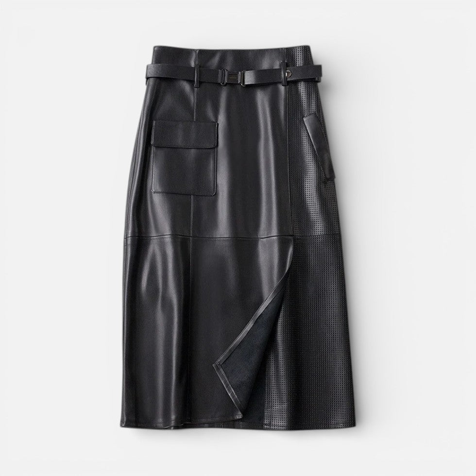 Damen Midirock in Lederoptik mit Gürtel und Taschen