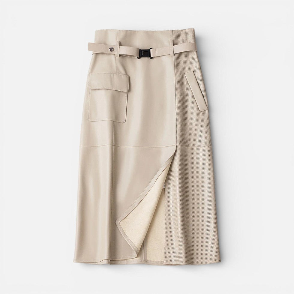 Damen Midirock in Lederoptik mit Gürtel und Taschen