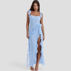 Elegantes Maxikleid mit Rüschenbesatz und Schlitz für den Abend