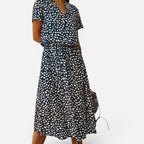 Midikjole Bindebælte Kortærmet Prikket Skjortekrave