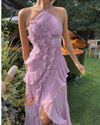 Maxikleid mit Rüschen und Falten, Neckholder, figurbetont, europäischer Stil