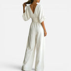 Jumpsuit Tailliert V Ausschnitt Weites Bein Dreiviertelarm