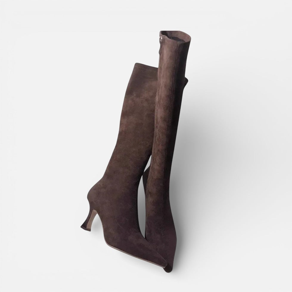 Damen Kniehohe Stiefel in Veloursoptik mit Absatz