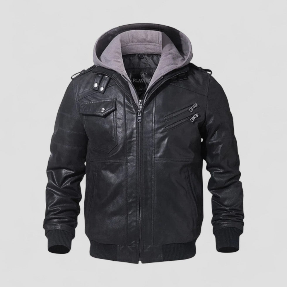 Faux leather jacket with hood for men